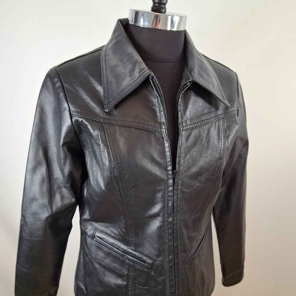 Vintage Sz M Women's Genuine Black Leather Jacket Leather Ranch Zip Up - Picture 7 of 11